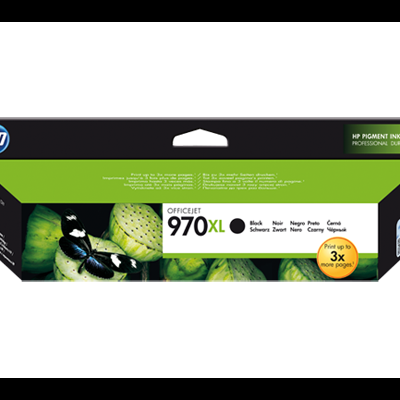 Embalagem de tinta HP OfficeJet 970XL preto com folhas verdes e borboleta preto e azul.