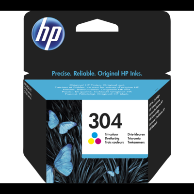 Embalagem preta de tinta HP 304 Tricolor com borboletas azuis