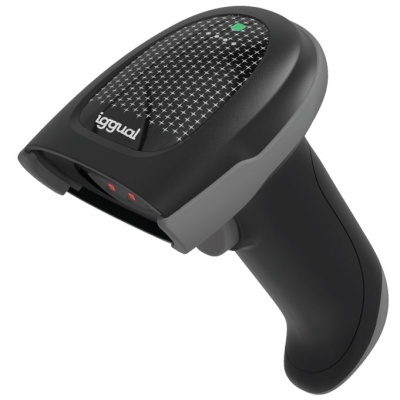 Leitor de códigos de barras preto e cinza com texto iggual