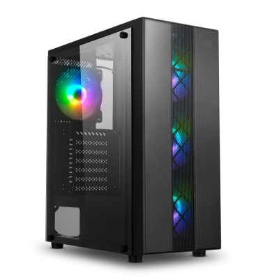 Caixa de computador preto com painel lateral em vidro e ventoinhas LED RGB