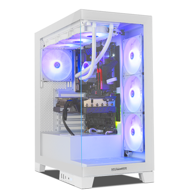 Computador de secretária branco com caixa de vidro e ventoinhas azuis