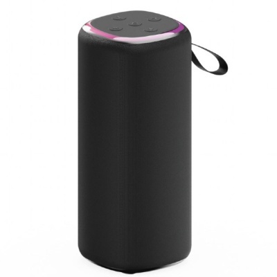 Coluna portátil preta cilíndrica com botões no topo e alça de transporte