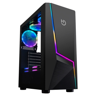 Computador de secretária preto com iluminação RGB e painel lateral de vidro