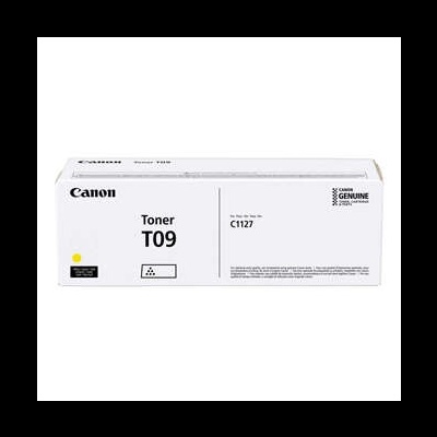 Caixa branca de toner Canon Genuine T09 para impressora com texto em preto e símbolo amarelo