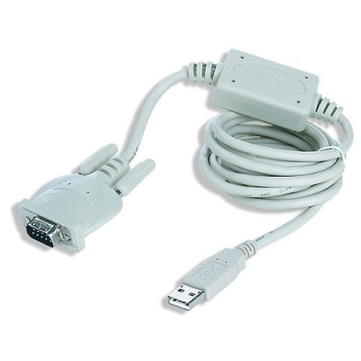 Cabo adaptador USB para RS232 branco com conectores e cabo enrolado