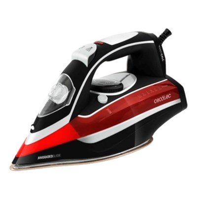 Ferro de engomar elétrico preto, vermelho e branco com base anodizada