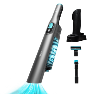 aspirador portátil cinza com acessórios e suporte preto