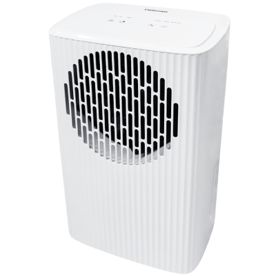 Aparelho eletrónico branco com grelha circular preta frontal e painel superior com botões.