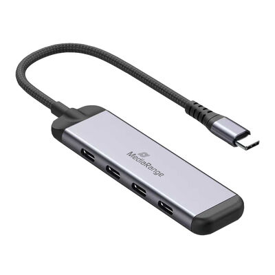Hub USB tipo C MediaRange cinza com 4 portas e cabo USB tipo C
