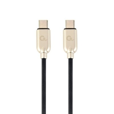 Cabo USB tipo C dourado com cabo preto e símbolo a nos conectores