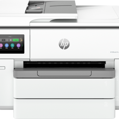 Impressora HP OfficeJet Pro branca com visor digital e bandejas numeradas