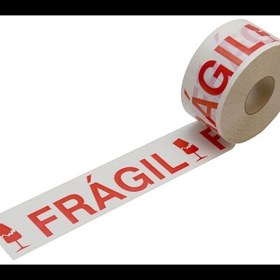 Fita adesiva branca com texto vermelho FRÁGIL e ícones de copo partido