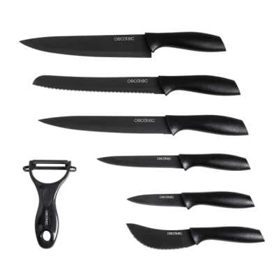 Conjunto de seis facas e um descascador com lâminas e cabos pretos e logótipo cecotec
