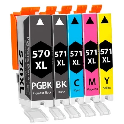 Conjunto de cinco tinteiros de impressora coloridos com tampas laranjas