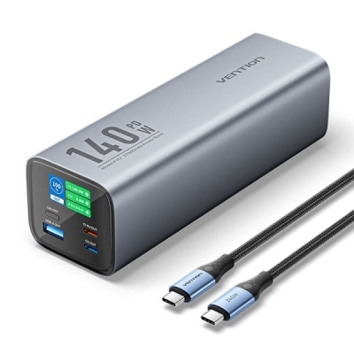 Power bank prateado Vention 140W com cabo USB-C e portas USB-A e USB-C