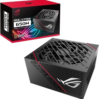Fonte de alimentação ROG STRIX 650W preta com detalhes vermelhos e embalagem colorida