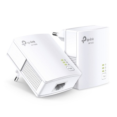 Extensores powerline TP-Link AV1000 brancos com LEDs verdes e botão Pair
