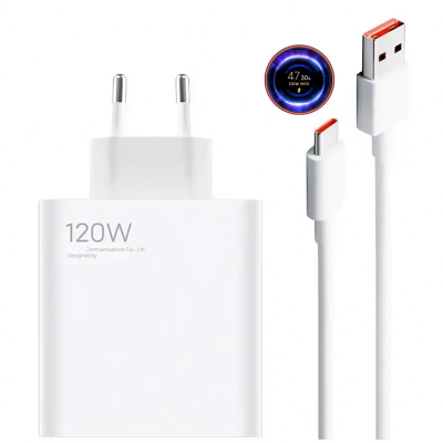 Carregador branco 120W com cabo USB a USB-C e indicador de carga 47,30%