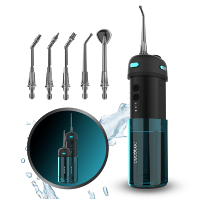 Dispositivo de irrigação oral preto e azul com cinco pontas metálicas}