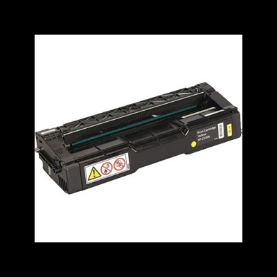 Cartucho de toner preto para impressora com etiqueta e avisos de segurança