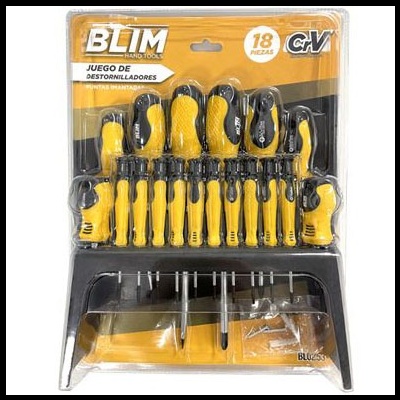 Conjunto de 18 chaves de fendas BLIM com punhos amarelos e pretos em embalagem.
