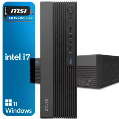 Computador compacto ZOLYD preto com selo MSI e Intel i7, Windows 11