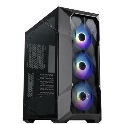 Caixa de computador preta com painel lateral em vidro e ventoinhas RGB frontais