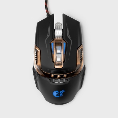 Rato gaming preto com detalhes metálicos e logotipo azul
