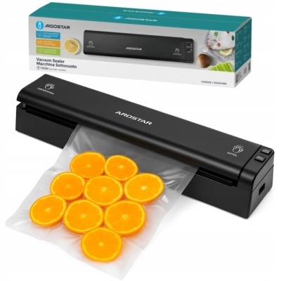 Máquina preta de selar a vácuo Aigostar com embalagem transparente de fatias de laranja e embalagem do produto ao fundo