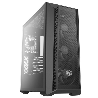 Computador desktop preto com painel frontal em malha e painel lateral de vidro temperado, com ventoinhas visíveis.