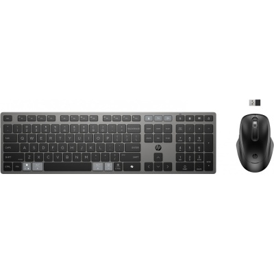 Teclado e rato sem fios HP preto e cinza com adaptador USB.