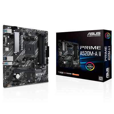 Placa mãe ASUS PRIME A520M-A II com caixa ao lado
