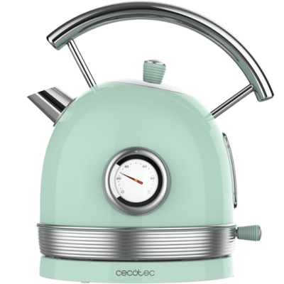 Chaleira elétrica verde água com termómetro e base em metal cromado