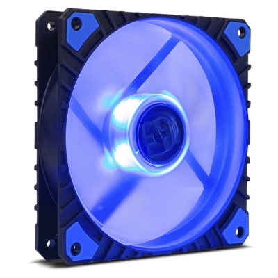 Ventoinha de computador com LED azul e estrutura preta com cantos azuis