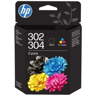 Embalagem de tinta HP 302 304 preto e tri-cor com flores coloridas na frente
