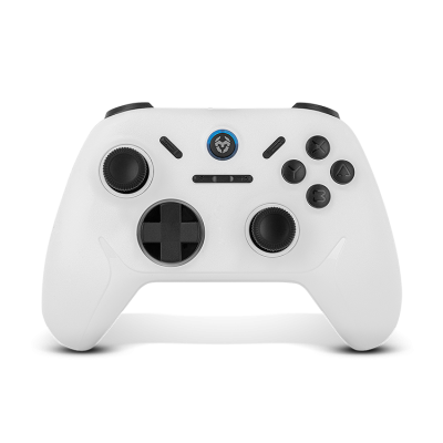 Comando de consola branco com botões pretos e joysticks