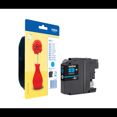 Cartucho tinta Brother LC121C em embalagem com vaso vermelho e flor