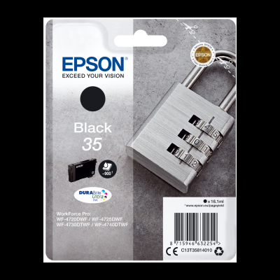 Embalagem de recarga de tinta preta Epson 35 com cadeado de combinação prateado no fundo cinza