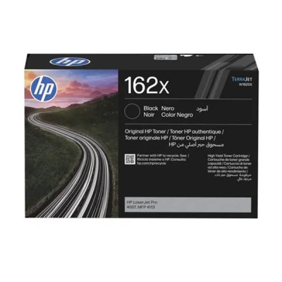 Embalagem preta de toner HP 162x com imagem de estrada e informações técnicas