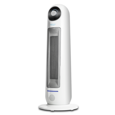 Aquecedor torre branco com grelha metálica e botão rotativo