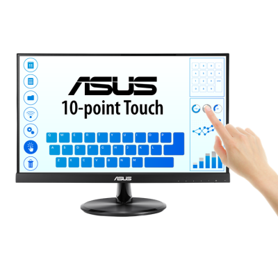 Monitor ASUS preto com ecrã táctil e interface de teclado azul