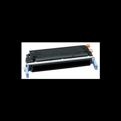 Cartucho de toner preto para impressora com detalhes azuis e laranja