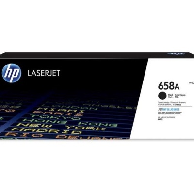 Embalagem de toner HP LaserJet 658A preto com design colorido e texto informativo