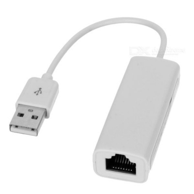 Adaptador USB branco com cabo e conetor RJ45
