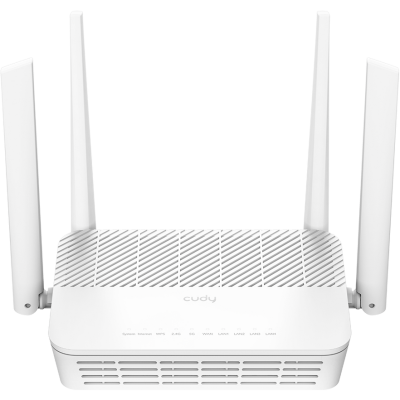Router Wi-Fi branco da marca Cudy com quatro antenas externas