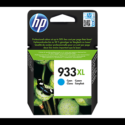 Cartucho HP 933XL cor ciano em embalagem preta com texto e imagem de flores