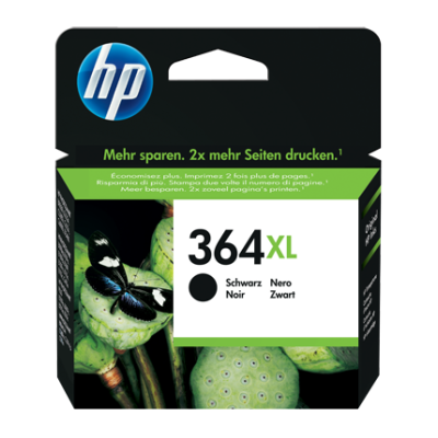Embalagem de tinta de impressora HP 364XL preta com texto multilíngue