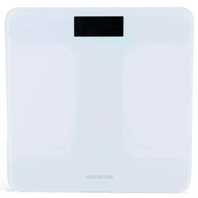 Balança digital branca com visor preto e logo Aigostar