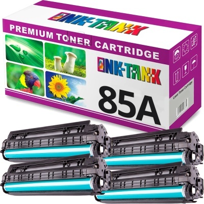Conjunto de quatro cartuchos de toner preto com caixa colorida à esquerda