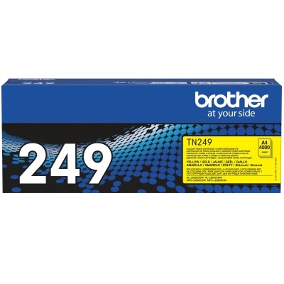 Embalagem de cartucho de toner Brother TN249 azul e preto com selo amarelo